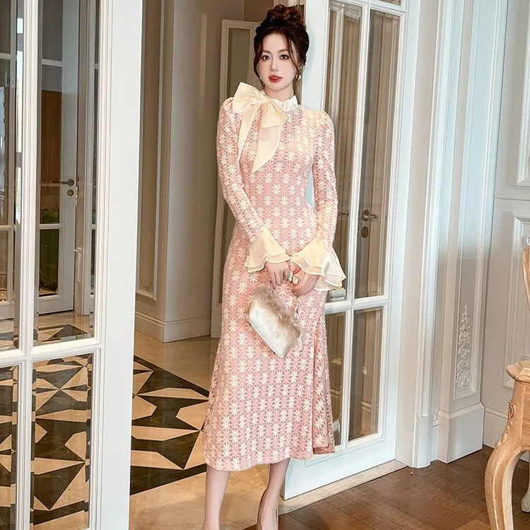 2025秋冬装新款女装甜美气质减龄蝴蝶结修身显瘦鱼尾连衣裙11365