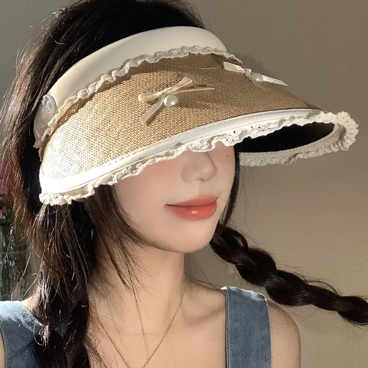 蕾丝蝴蝶结黑胶空顶草编帽女夏季大帽檐防晒帽户外百搭遮阳防晒帽