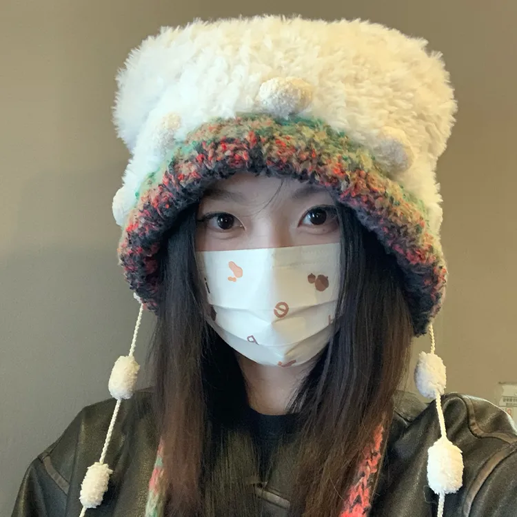 日系保暖小熊毛绒帽2025冬爆款可爱风加厚时尚显脸小套头针织帽子