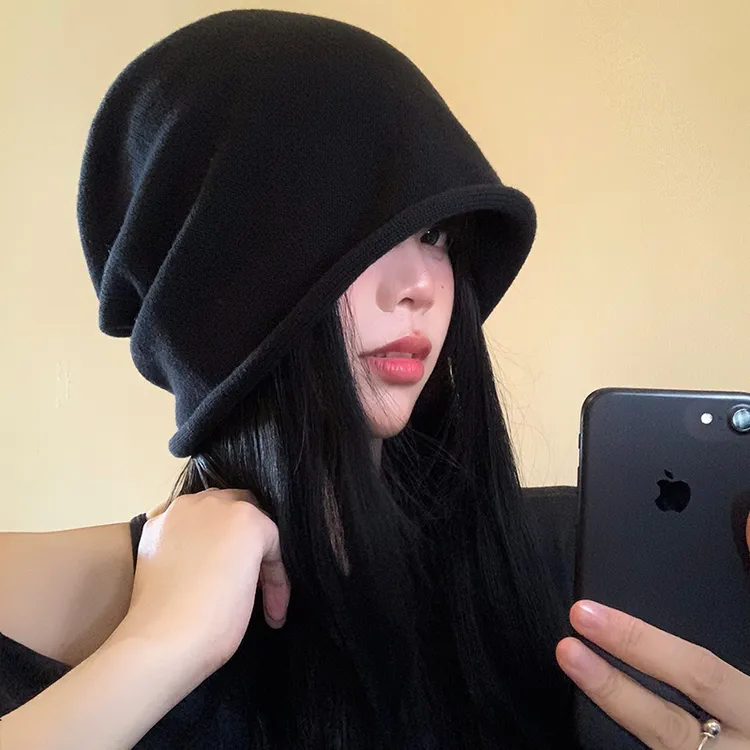 虞书欣同款帽子女时尚百搭大头围黑色卷边堆堆帽子显脸小包头冷帽