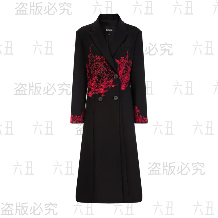 六丑【高定大衣】新款高级定制气质手工红蕾丝刺绣大衣409ADY0115