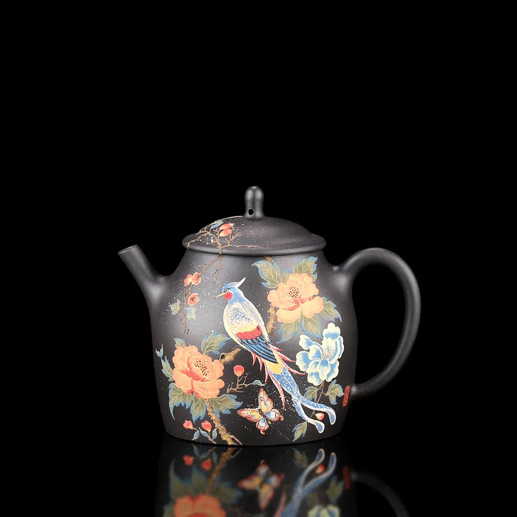 【宜景窑泥绘系列】240CC喜鹊花开宜兴原矿全纯手工紫砂壶紫泥