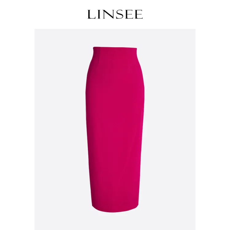 LINSEE/麟瑄醋酸凉感裙高腰开叉包臀长款紫红色半身裙AQ221471-1A