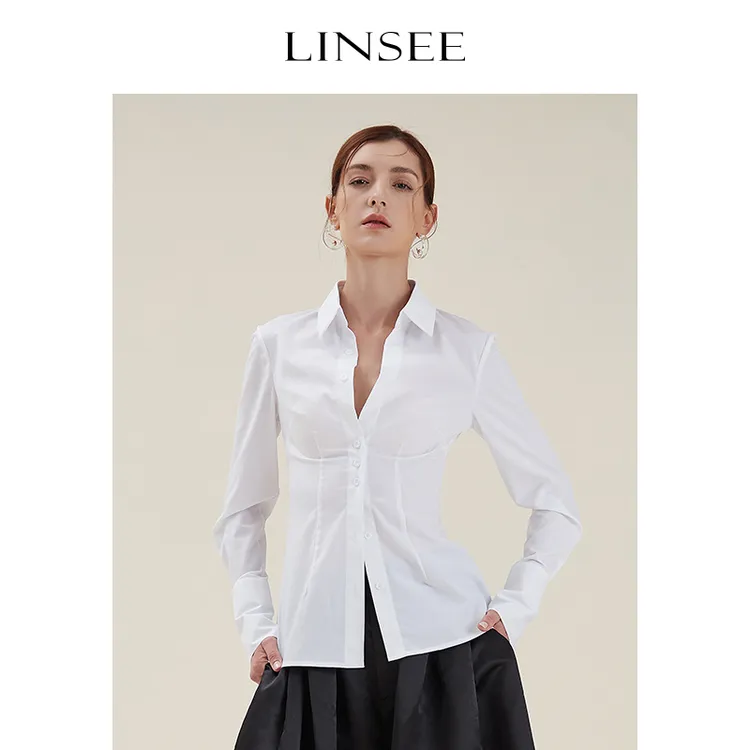 LINSEE/麟瑄通勤衬衫女修身显瘦长袖小众V领上衣高级感ACY19039A