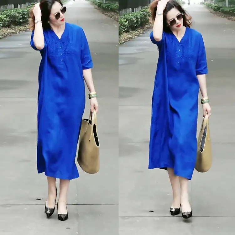 宝蓝色棉麻连衣裙女长款2025夏季新款高级感宽松复古文艺亚麻裙子
