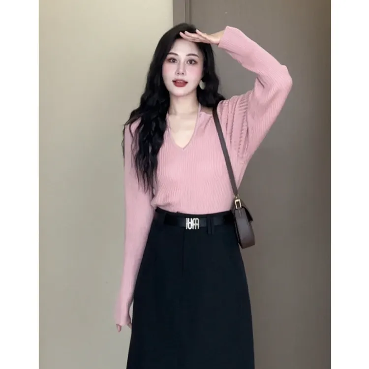 【安娜】蛋妹大码女装微胖mm秋季显瘦百搭韩系挂脖针织衫DM22688 