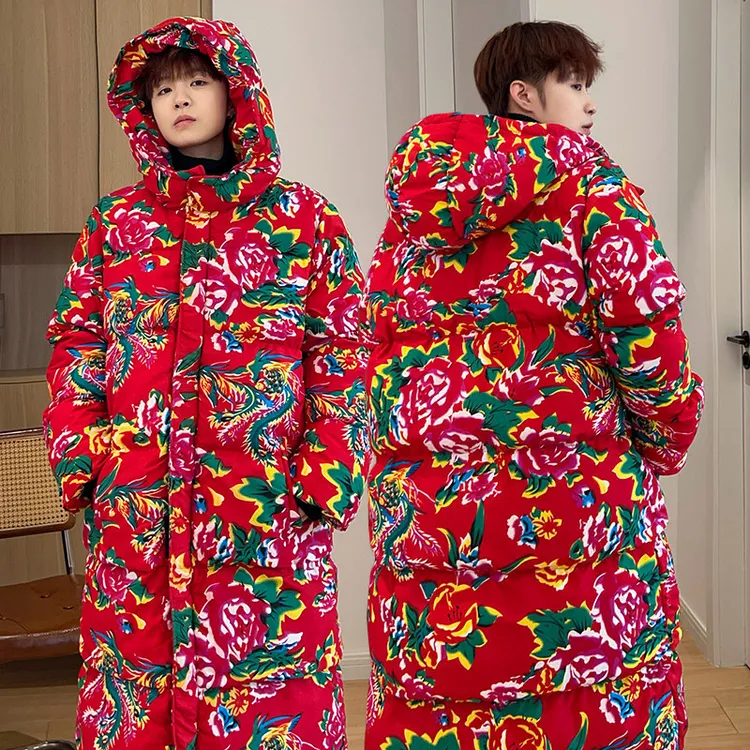 冬季情侣款长款棉衣外套东北大花男宽松保暖防寒连帽棉袄加厚大衣