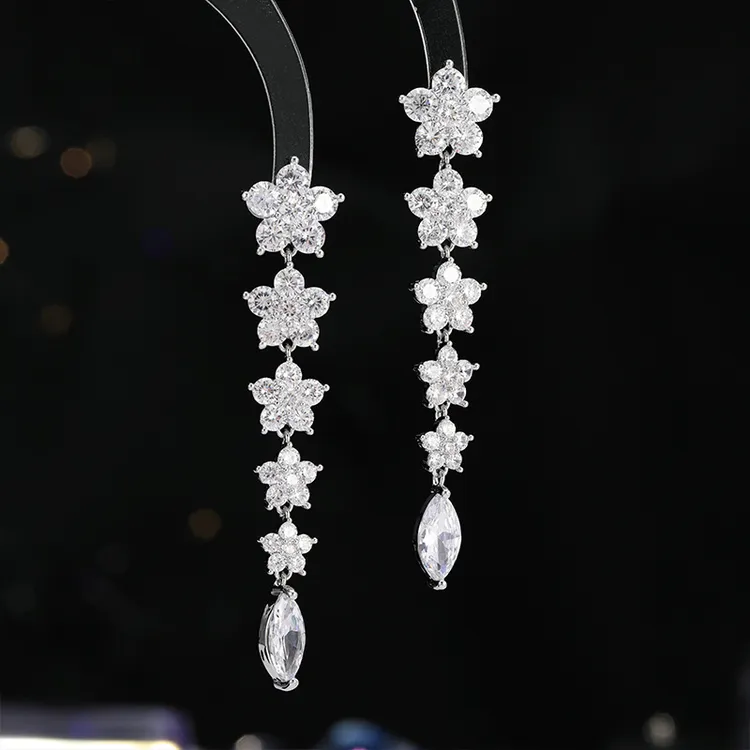 铜合金锆石耳饰 轻奢气质大气长款流苏耳饰锆石花朵耳环S925银针