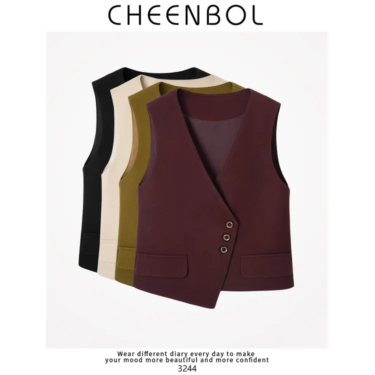 3244毛呢马甲2025秋冬新款修身毛呢马甲女短款坎肩无袖背马夹外套