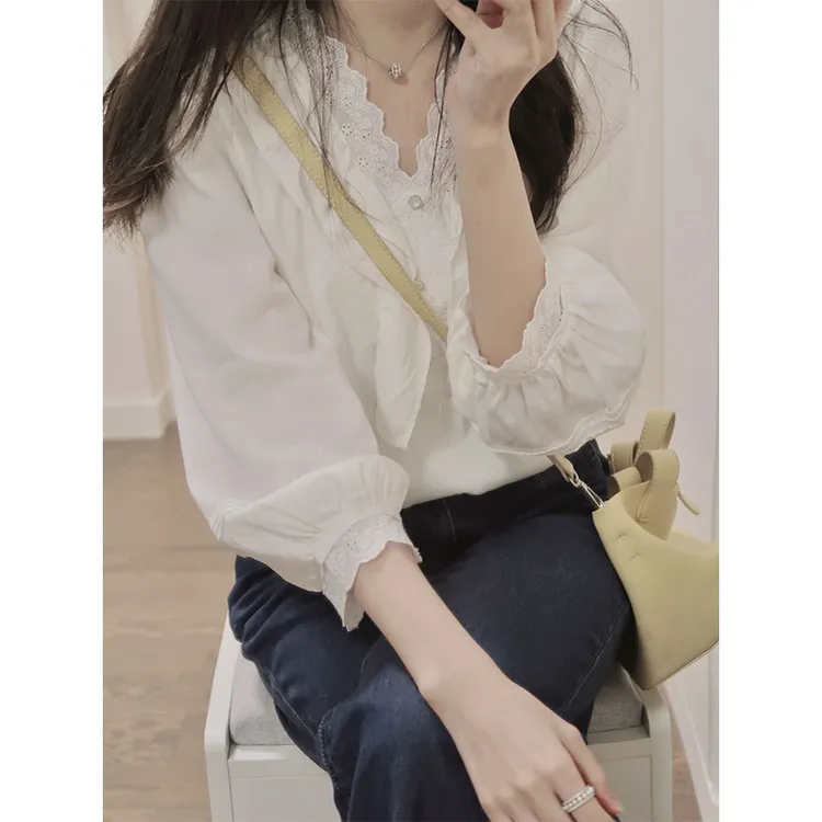 上衣夏白色衬衫女士夏季装2023法式甜美别致漂亮小众雪纺衬衣小衫