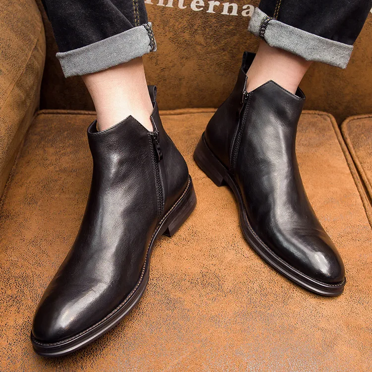 新款马丁靴无内里男士短靴高帮皮鞋男士韩版潮流软面皮靴切尔西靴