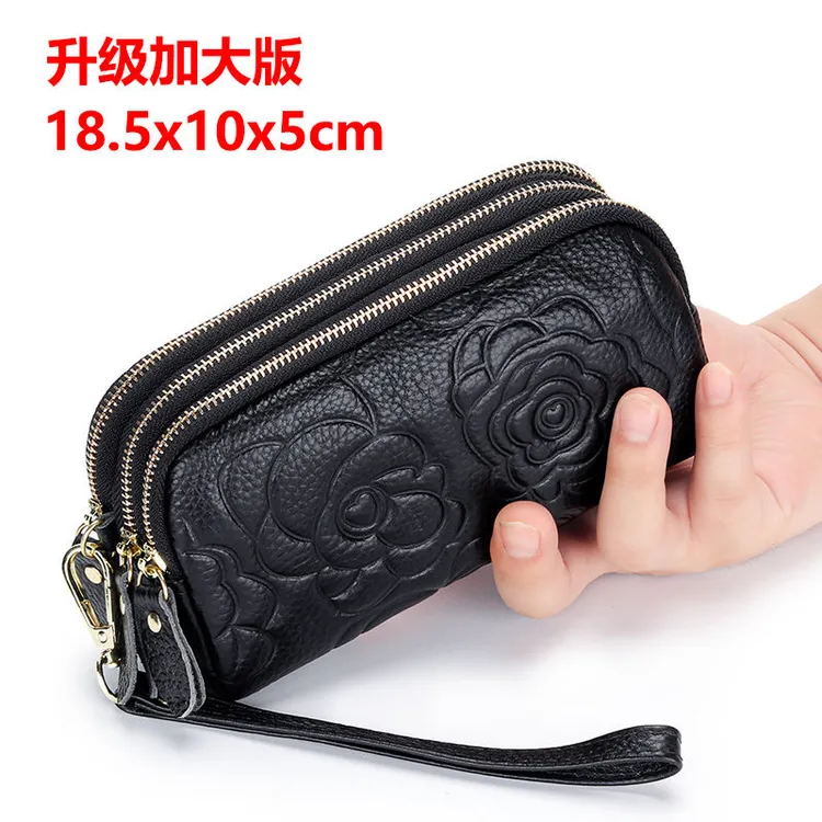头层牛皮三拉链手拿包女士多层迷你小包大容量手机包真皮零钱包