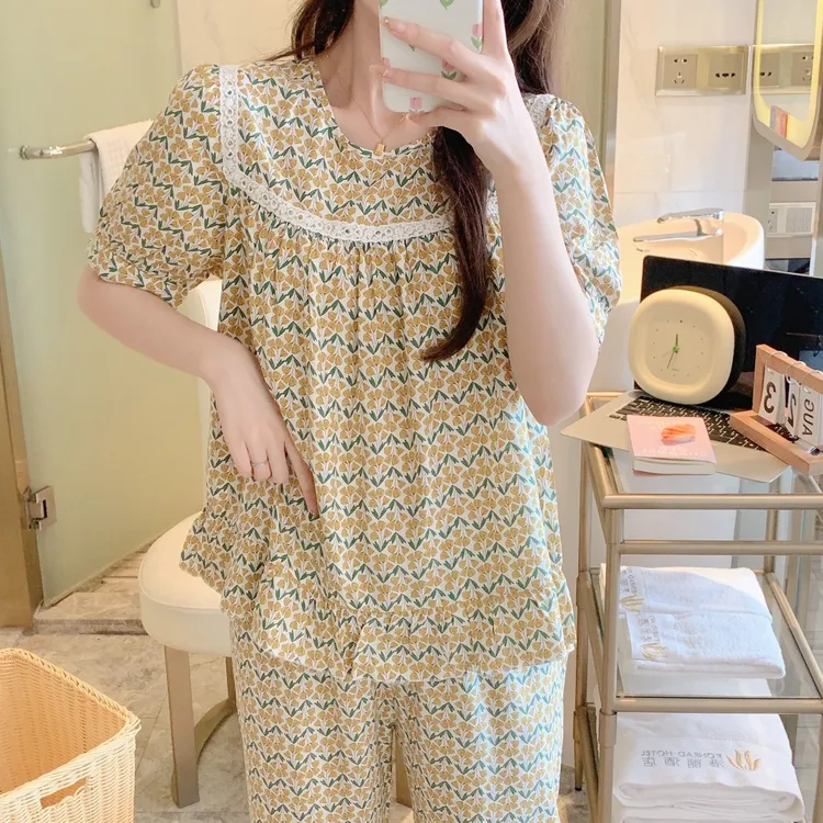 韩版棉绸睡衣女夏两件套装空调服外穿大码春夏宽松休闲甜美家居服