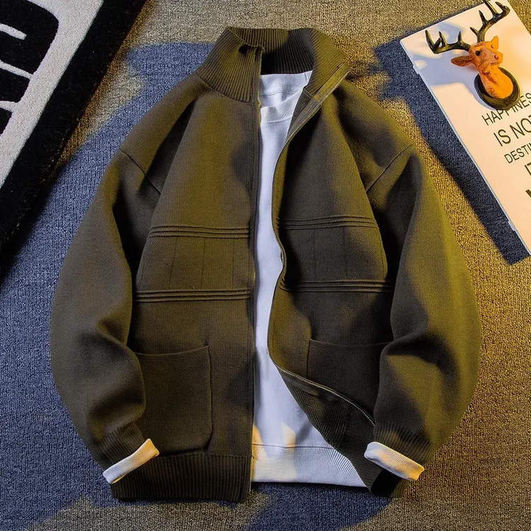 秋冬潮牌宽松慵懒风潮流个性复古男立领开衫毛衣线衣针织衫外套男