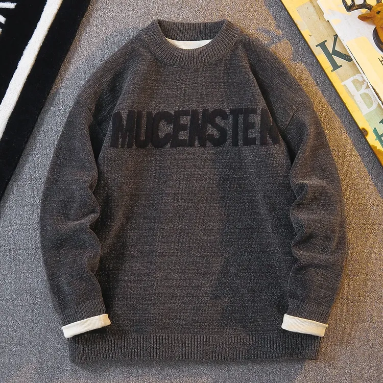 2024年秋冬保暖潮牌宽松百搭复古个性慵懒风针织衫套头圆领毛衣男