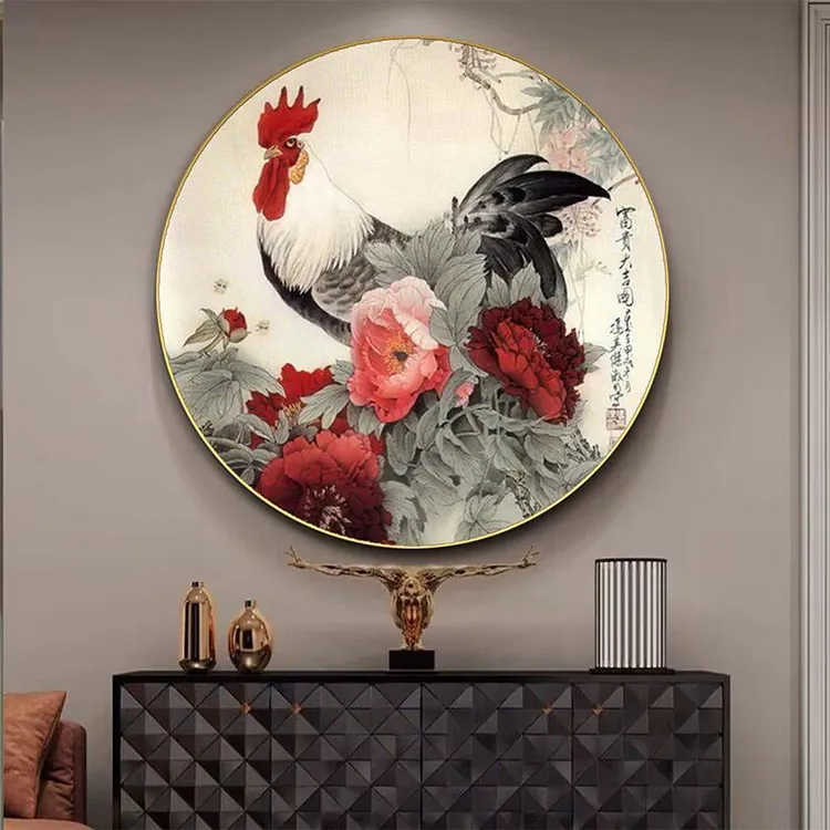 金鸡报晓玄关装饰画新中式圆形大公鸡挂画雄鸡图客厅餐厅装饰壁画