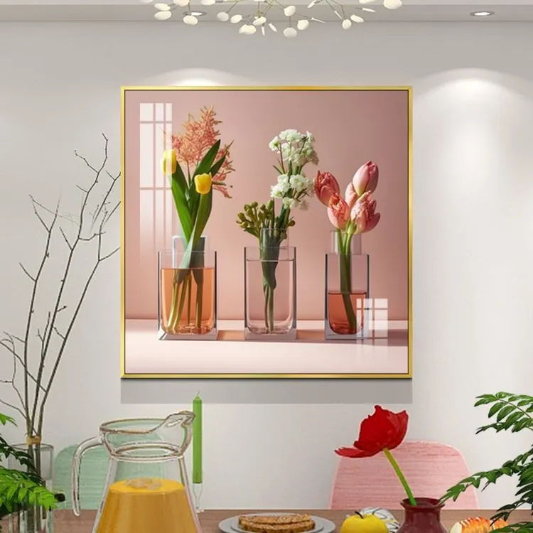 北欧极简餐厅背景墙花卉装饰画正方形单幅壁画卧室床头绿植晶瓷画