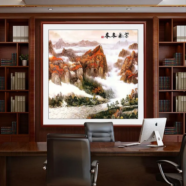 正方形装饰画壁画过道走廊挂画紫气东来玄关画山水办公室背景墙画