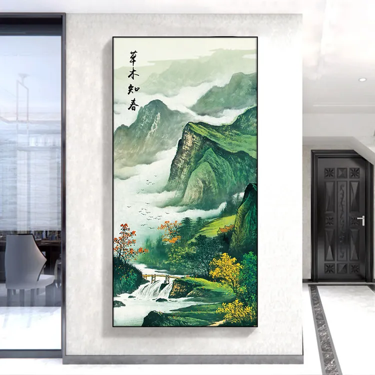 走廊过道尽头山水画竖版挂画鸿运当头墙壁画入门新中式玄关装饰画