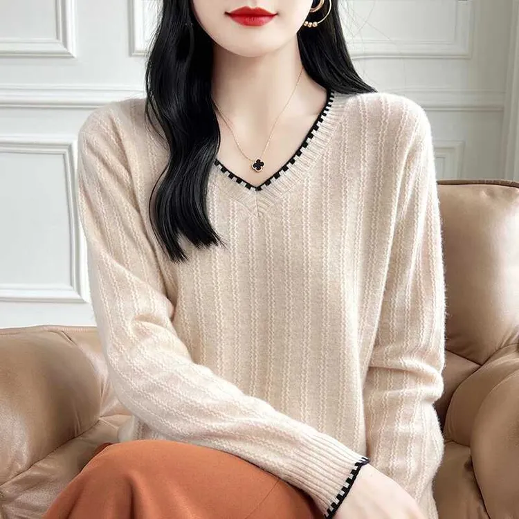 大码遮肚V领长袖针织衫女2025新款春秋百搭小众高级感打底衫上衣