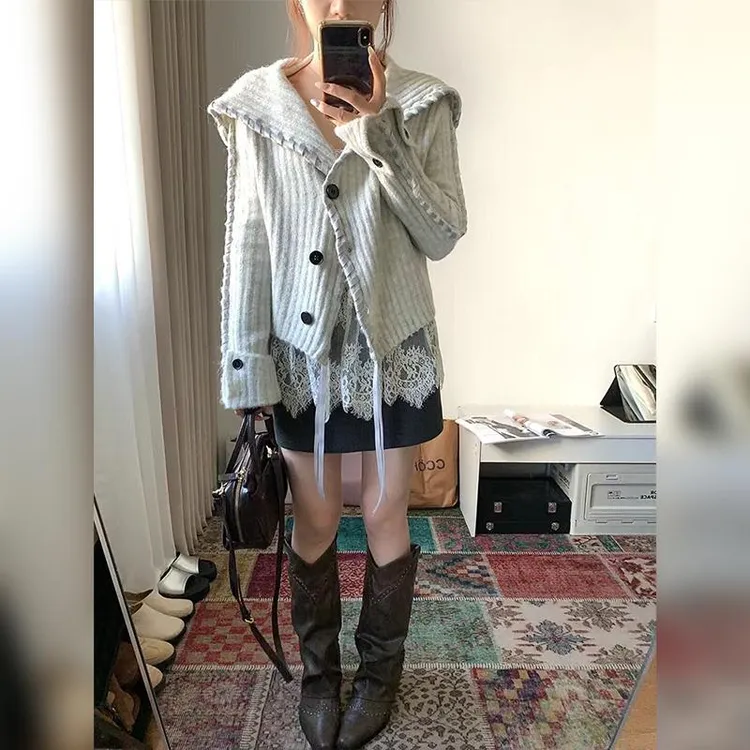 现货！韩系慵懒短款翻领针织开衫女2024秋冬款单排扣长袖上衣外套