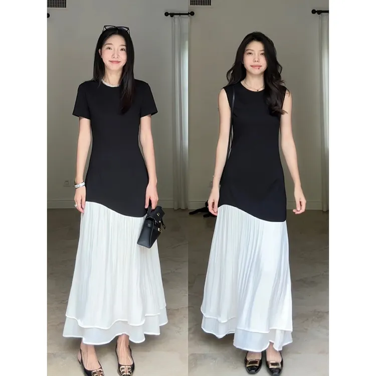 郭九九呢 法式设计感拼接简约无袖撞色小A摆收腰连衣裙G924Q02931