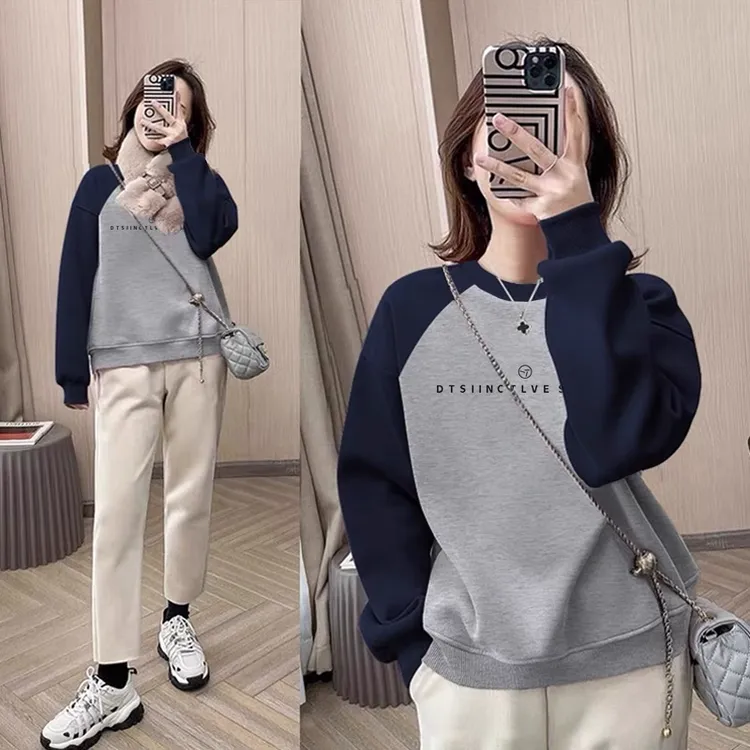 圆领套头打底衫加绒加厚插色卫衣女2025秋冬季新款宽松韩版潮外套