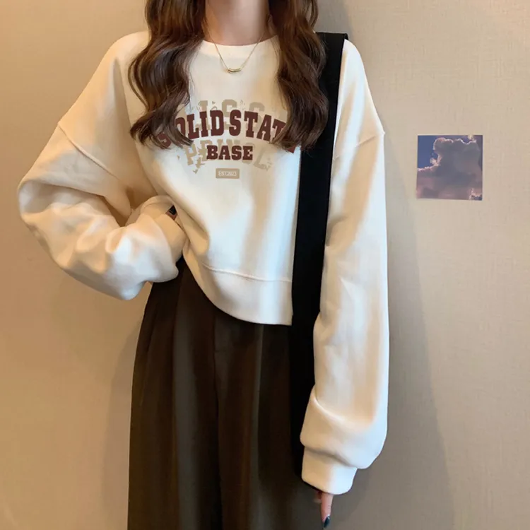 圆领套头短款卫衣女加绒加厚秋冬上衣宽松高腰显瘦小个子春秋薄款