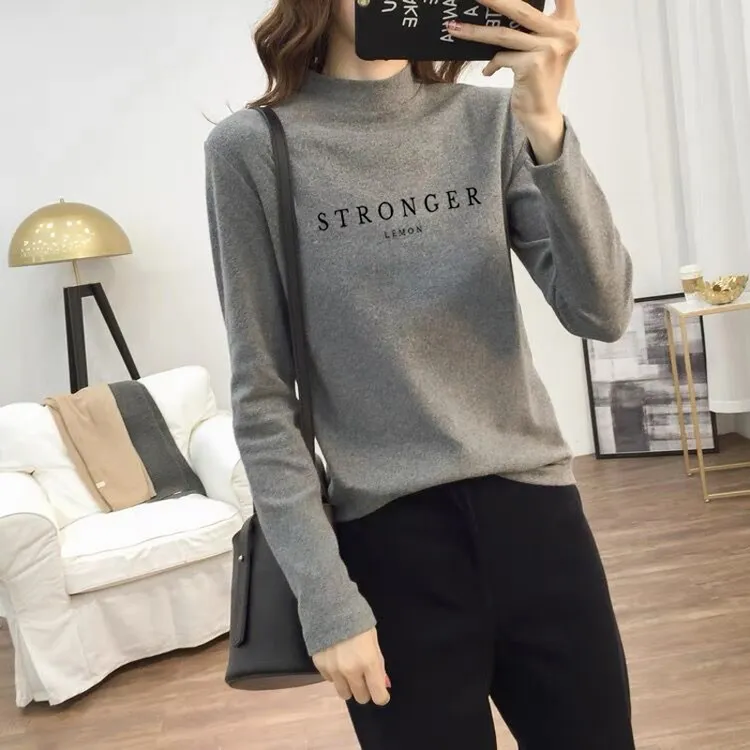 秋冬款百搭加厚磨毛半高领打底衫长袖T恤女灰色上衣内搭修身显瘦