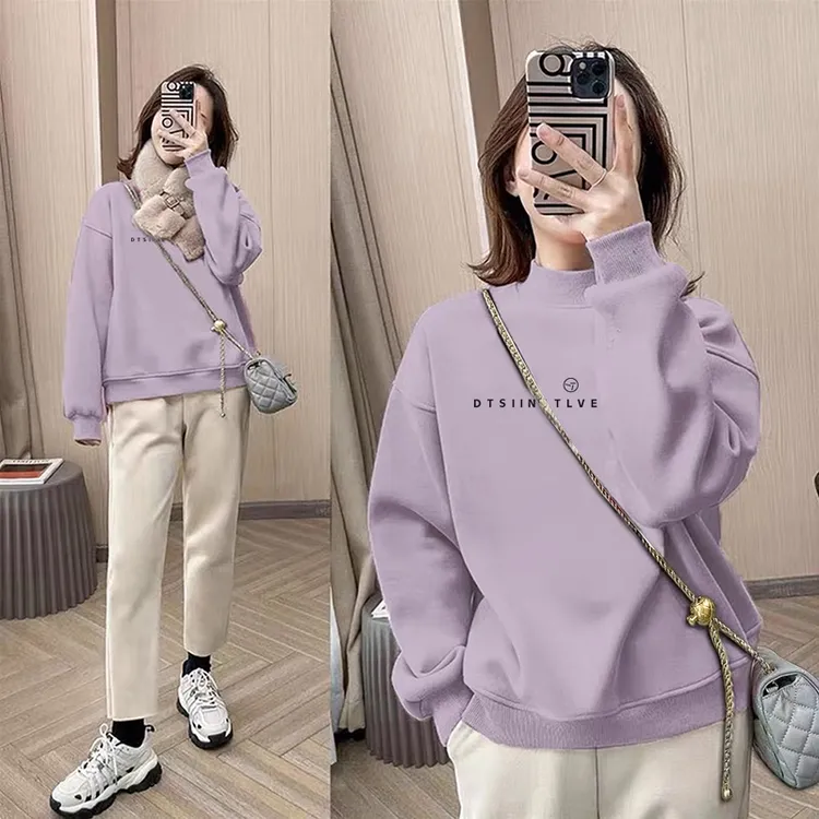 半高领套头印花打底衫加绒加厚卫衣女2025秋冬季新款宽松韩版外套