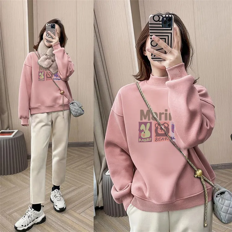 半高领套头印花打底衫加绒加厚卫衣女2025秋冬季新款宽松韩版外套