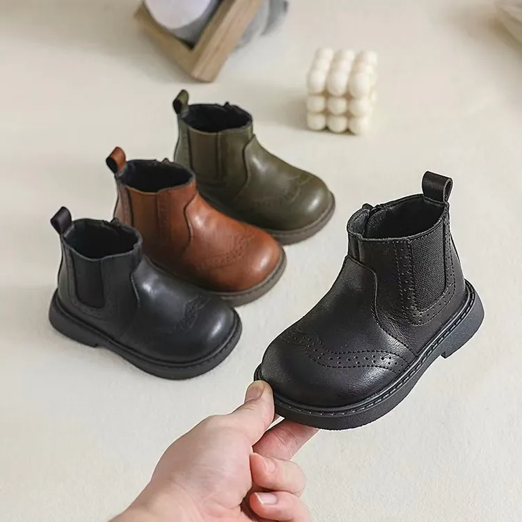 真皮加绒儿童真皮马丁靴女童靴子男童休闲皮鞋宝宝舒适软底