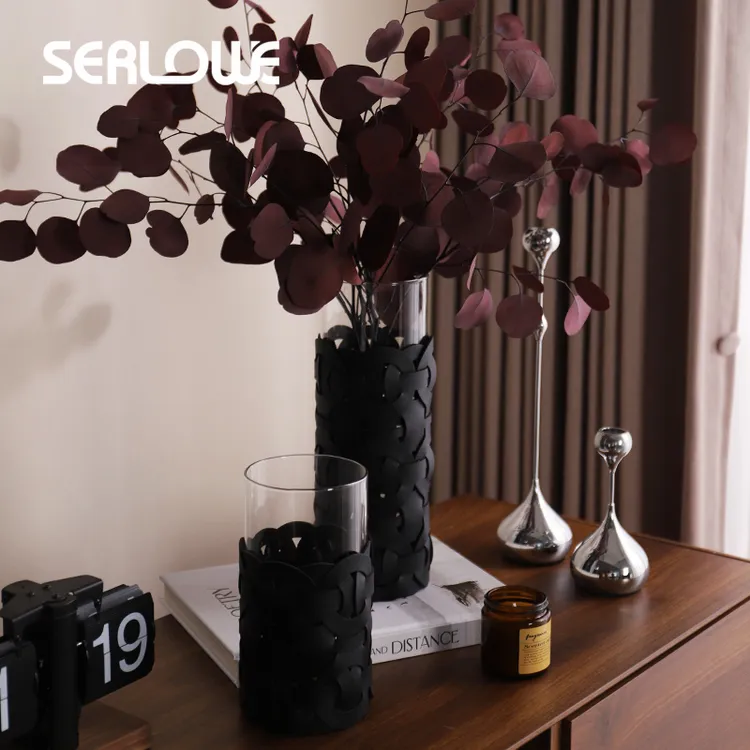 轻奢中古高级感花瓶编织皮革玻璃高档艺术花器可水养插花桌面摆件