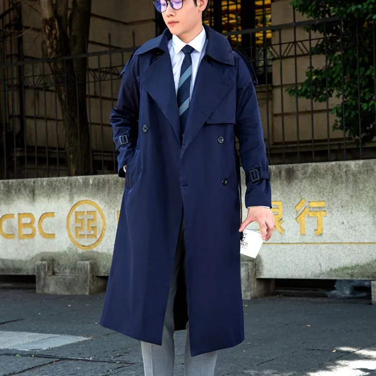 设计感风衣男藏青色长款过膝帅气落肩袖胖子加肥加大码春秋外套潮