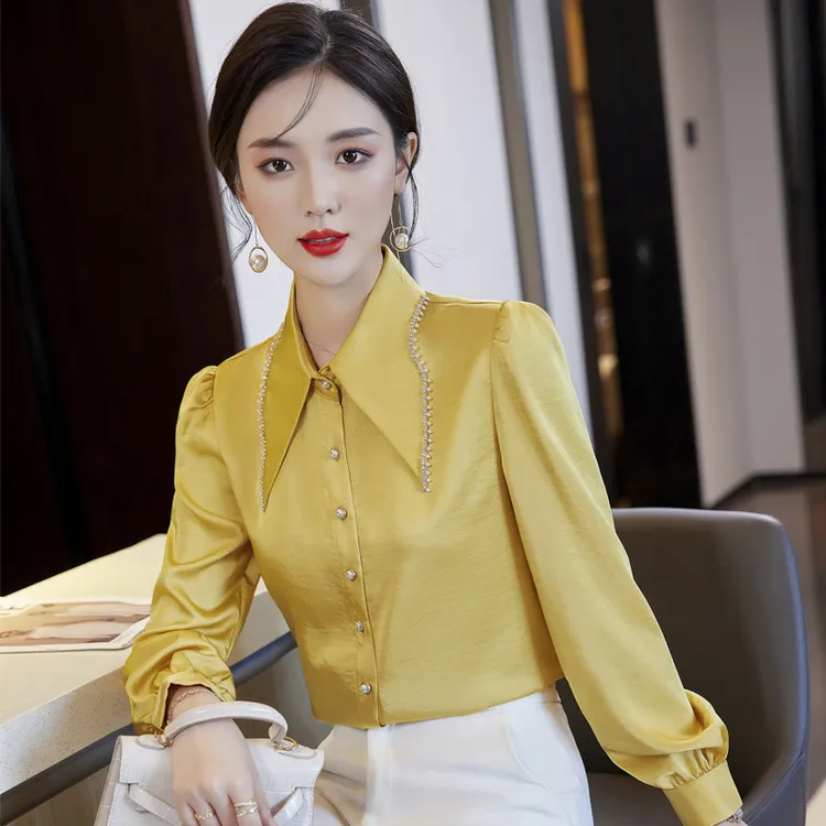 2023新款大尖领衬衫女士长袖早秋洋气小衫漂亮衬衣别致小上衣纯色