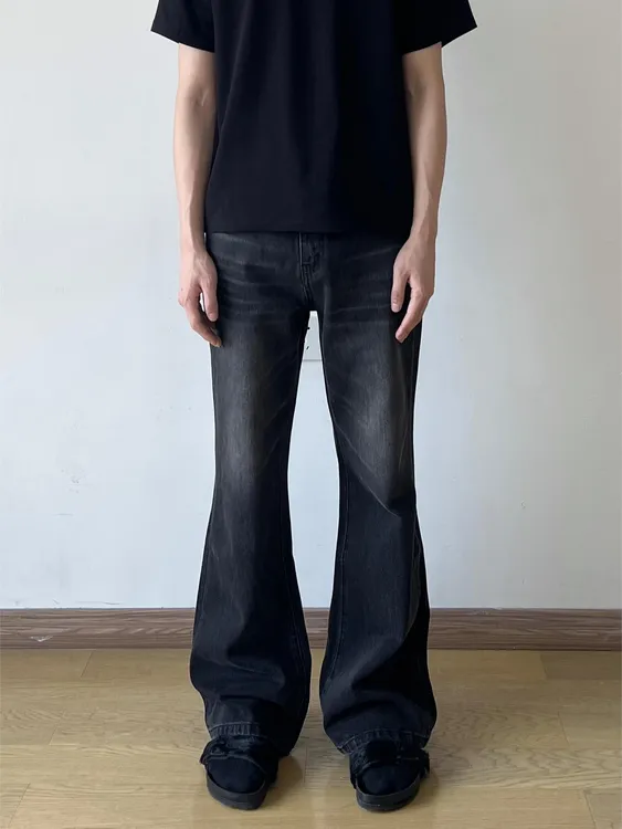 美式高街vibe风复古猫须做旧黑色微喇牛仔裤男修身直筒显瘦裤子潮