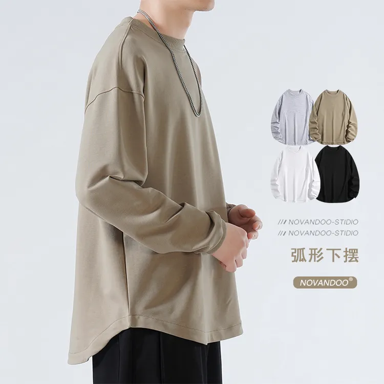 潮流港风ins长袖圆领纯棉纯色男士春秋季休闲百搭简约韩版宽松T恤