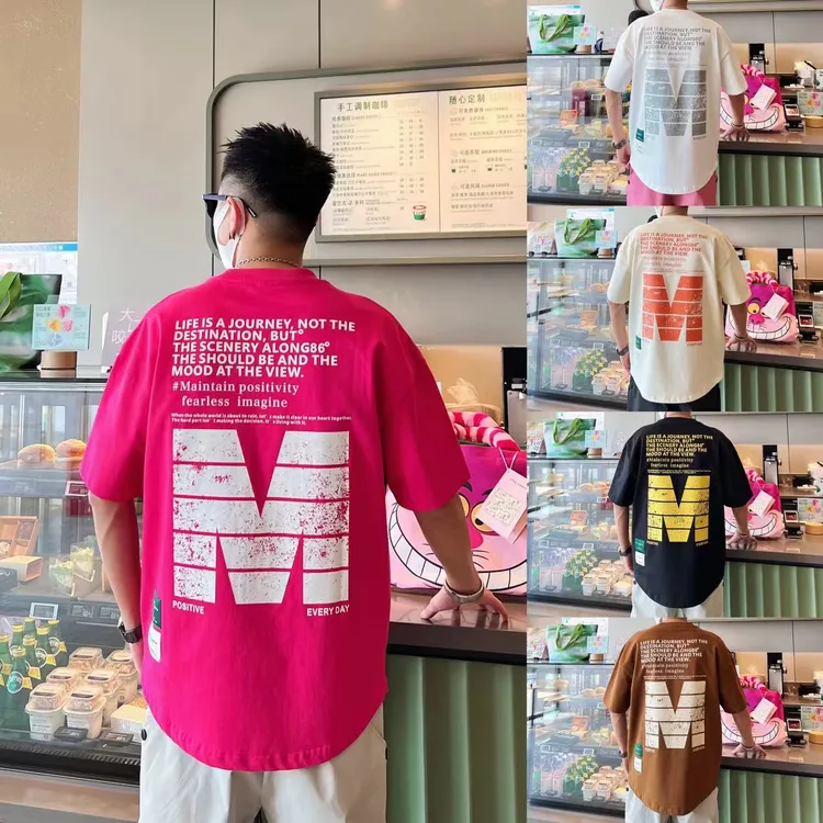 简约休闲时尚宽松重磅字母印花设计潮流基础个性男士圆领短袖上衣