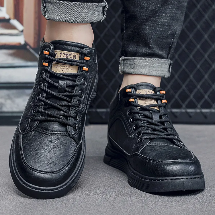 男鞋新款春季休闲百搭皮面板鞋高帮鞋黑色鞋子男潮鞋皮面板鞋