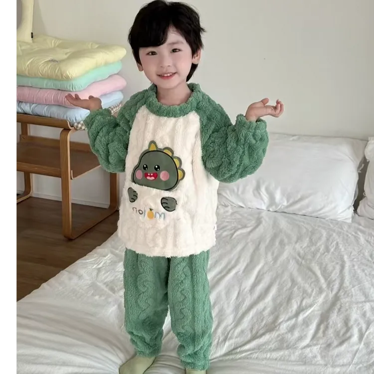女童男童宝宝男孩加绒儿童法兰绒睡衣柔软保暖珊瑚绒家居服套装潮