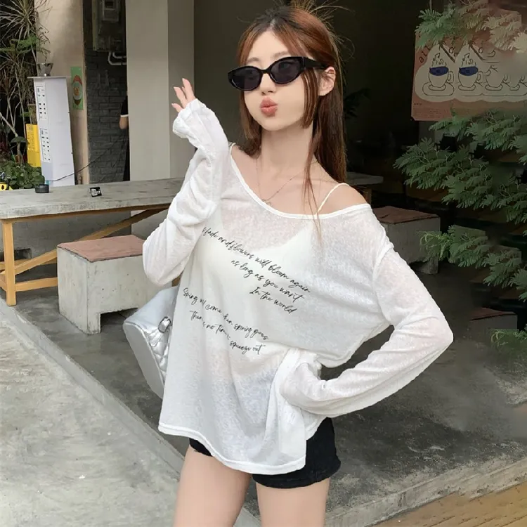 研美夏季新款慵懒oversized微透防晒长袖宽松显瘦百搭睡衣T恤