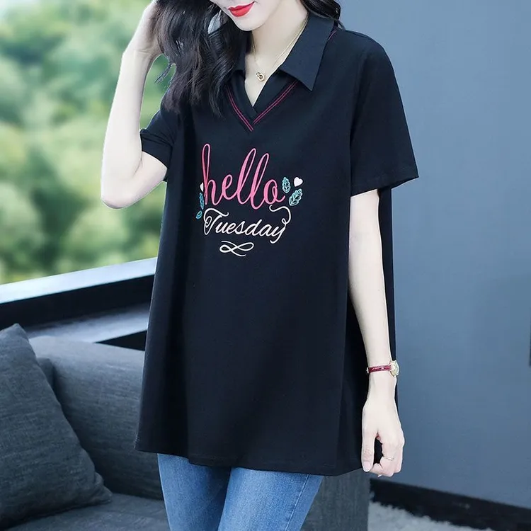 纯棉翻领字母印花短袖T恤女胖mm夏装大码中长款休闲宽松遮肚上衣