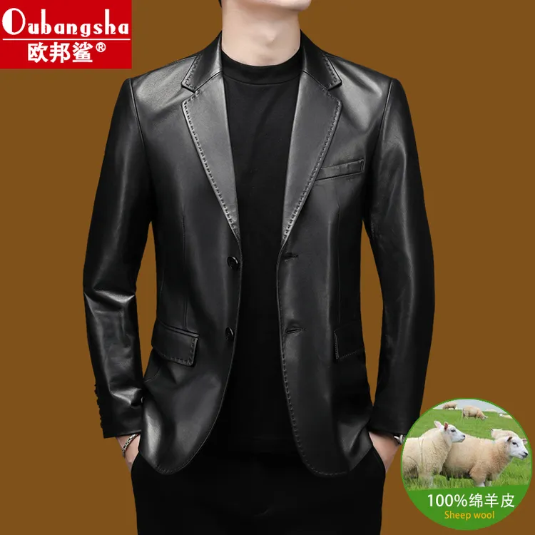 100%头层绵羊皮男士真皮皮衣春秋季中年时尚帅气潮流休闲西装外套