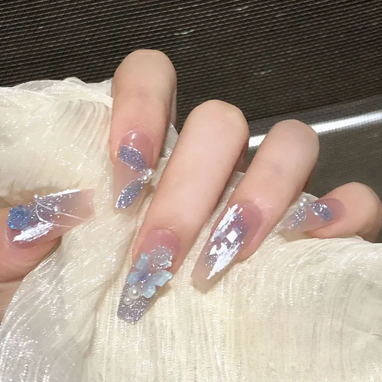 落寞玫瑰美甲冰川蓝纯手工石膏穿戴美甲爆闪可拆卸指甲甲片穿戴甲