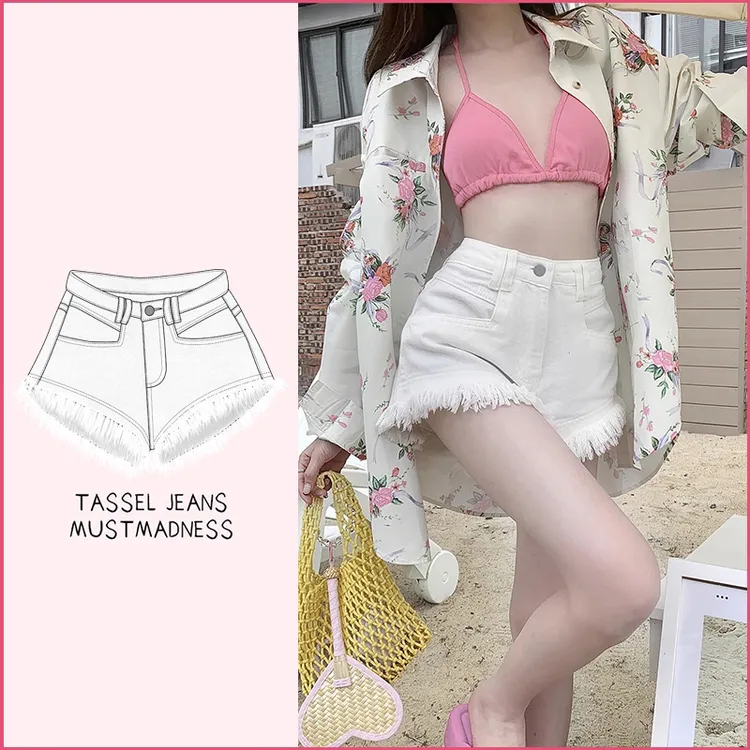 港风设计感牛仔高腰短裤女夏季新款流苏超A性感修身水洗A字热裤子
