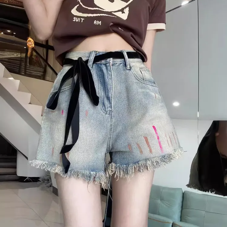 美式牛仔裤女2024夏季新款系绳超短裤ins潮流复古提臀高腰热裤潮