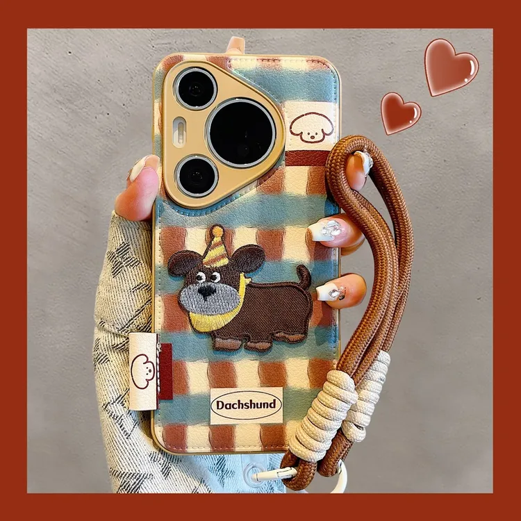 适用华为pura70pro+手机壳mate60pro+趣味刺绣腊肠狗苹果16/15/14