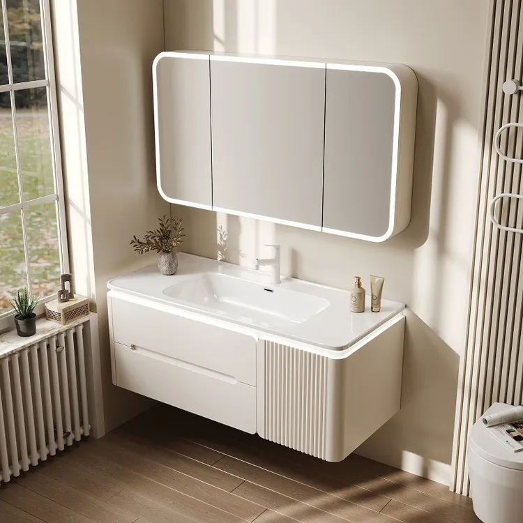 奶油风浴室柜陶瓷一体盆卫生间洗脸洗手台盆柜组合卫浴柜洗脸盆柜