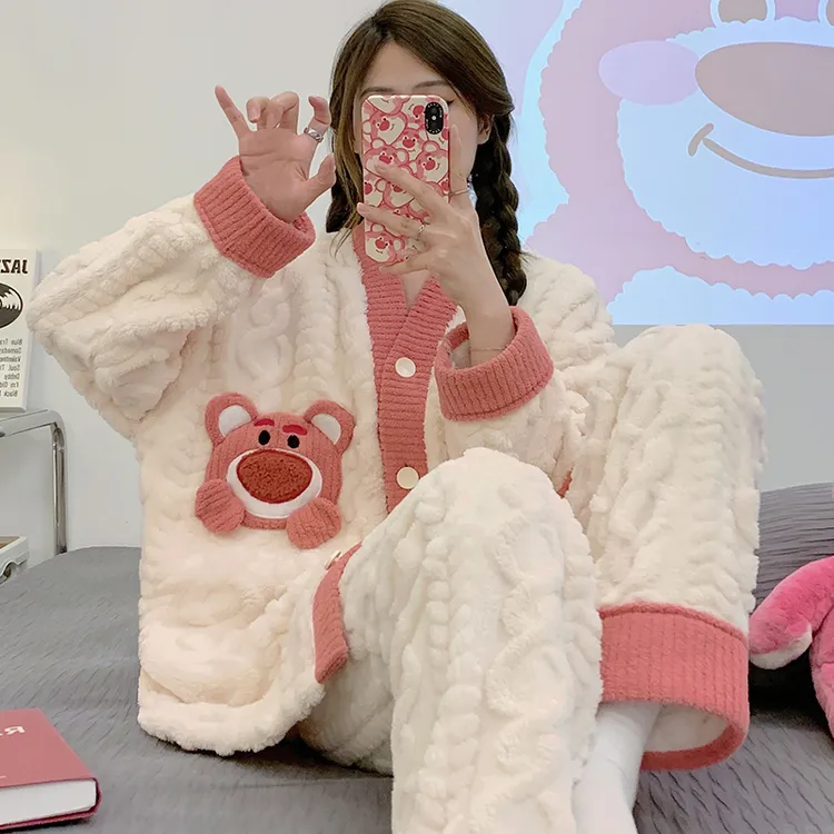 可爱公主风法兰绒睡衣女冬季加厚加绒保暖秋冬季珊瑚绒家居服套装