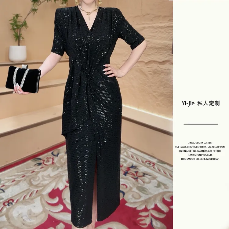 纯色气质轻奢时尚镭射珠光片高弹收腰夏季设计师优雅显瘦连衣裙